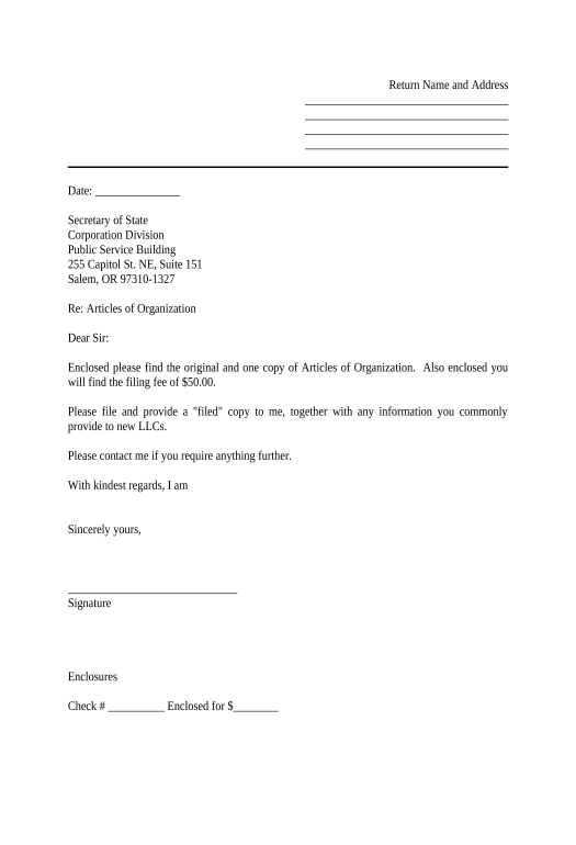 Extract Sample Cover Letter for Filing of LLC Articles or Certificate with Secretary of State - Oregon Pre-fill from CSV File Bot