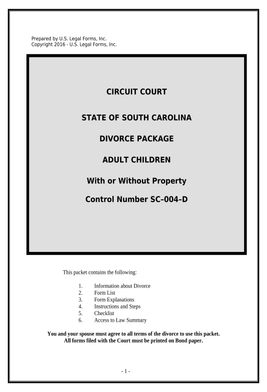Arrange No-Fault Uncontested Agreed Divorce Package for Dissolution of Marriage with Adult Children and with or without Property and Debts - South Carolina Text Message Notification Bot