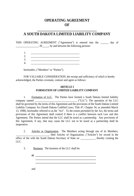 Manage Limited Liability Company LLC Operating Agreement - South Dakota Webhook Postfinish Bot