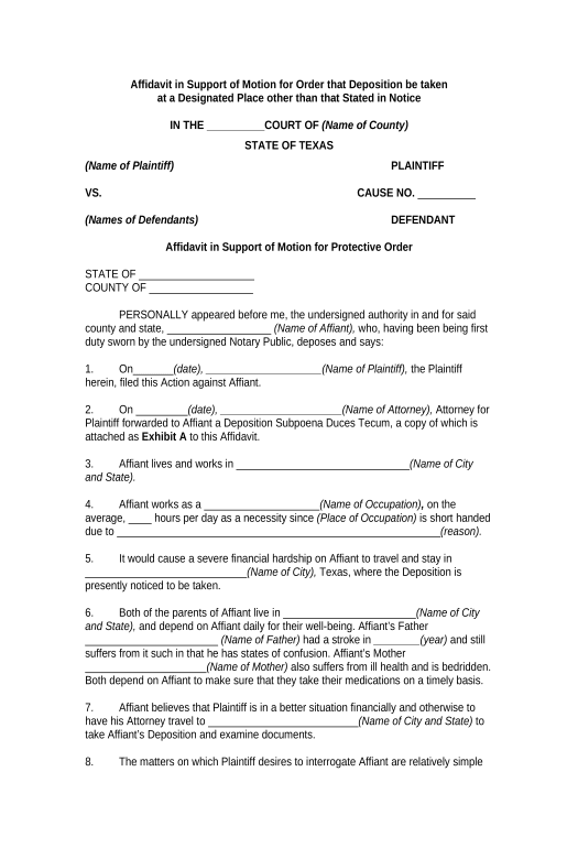 Pre-fill Affidavit in Support of Motion for Order that Deposition be taken at a Designated Place other than that Stated in Notice - Texas Pre-fill Dropdowns from Office 365 Excel Bot