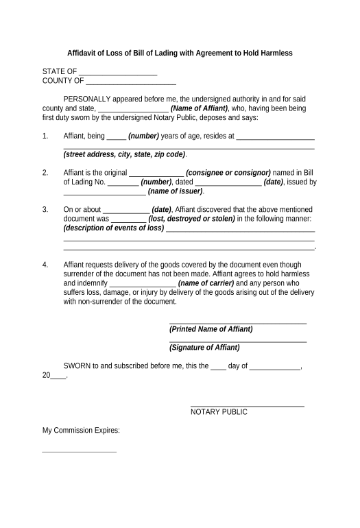 Extract Affidavit of Loss of Bill of Lading with Agreement to Hold Harmless SendGrid send Campaign bot