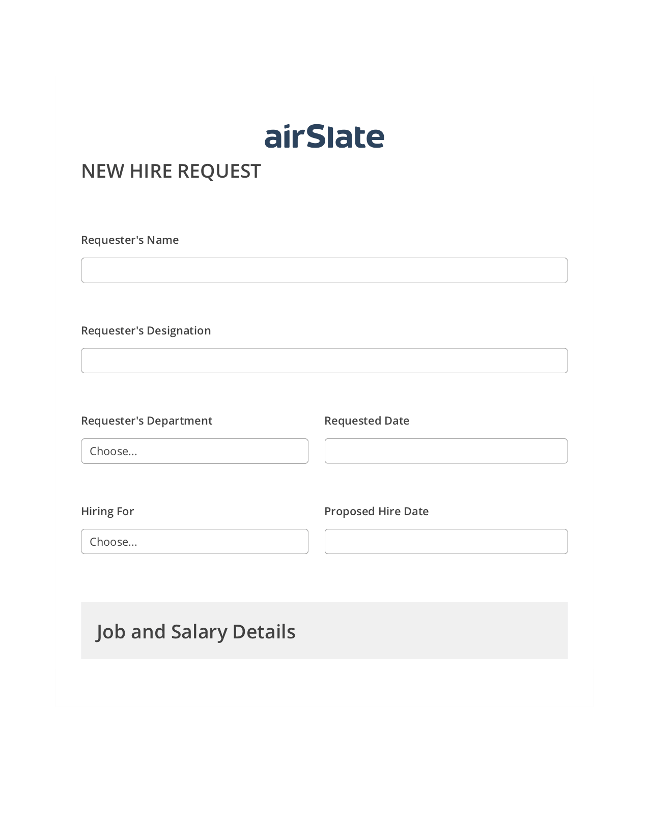 Multirole Hiring Request Workflow Pre-fill Dropdowns from Smartsheet Bot, Create Salesforce Records Bot, Archive to Google Drive Bot