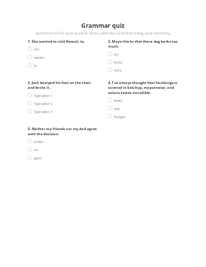 Use HiCustomer Bot for Automating grammar quiz  Template