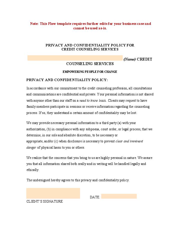 Privacy and Confidentiality Policy for Credit Counseling Services Template 