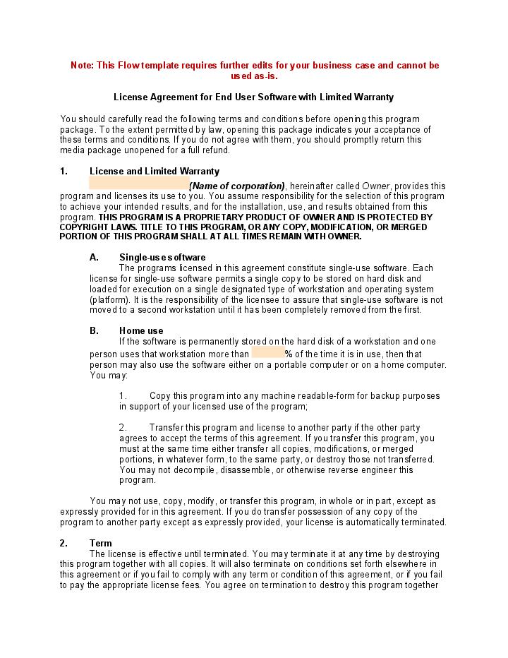 License Agreement for End User Software with Limited Warranty Template 