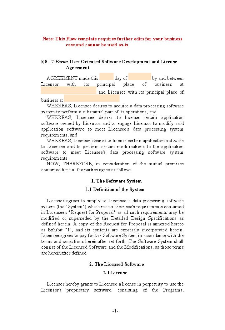 User Oriented Software Development and License Agreement Template 