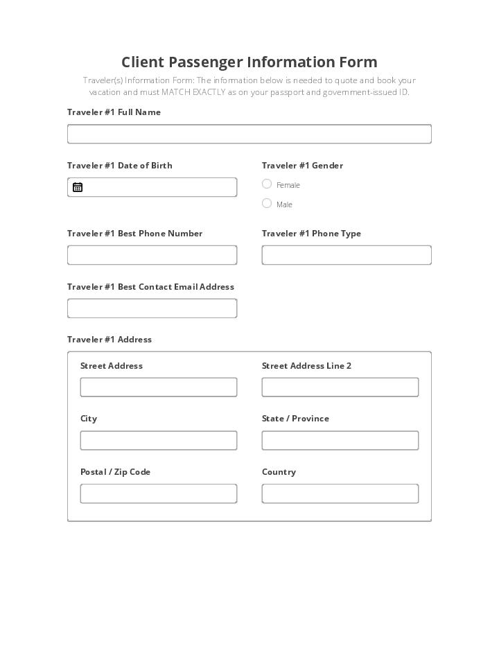 Client Passenger Information Form Flow for Indiana