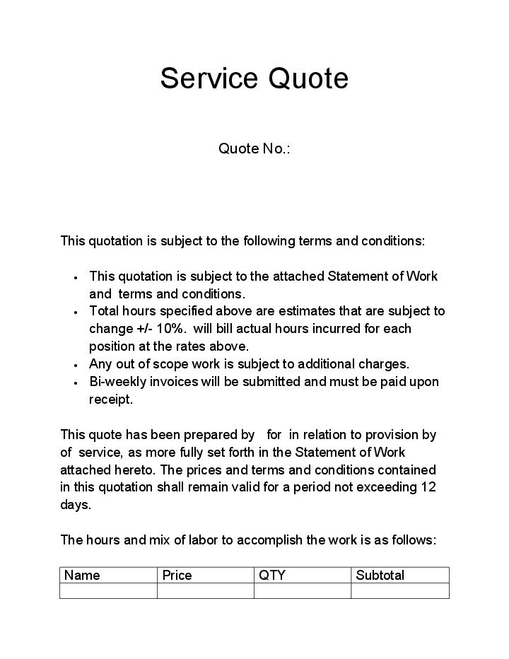 Automate service quote Template using Mobilize US Bot