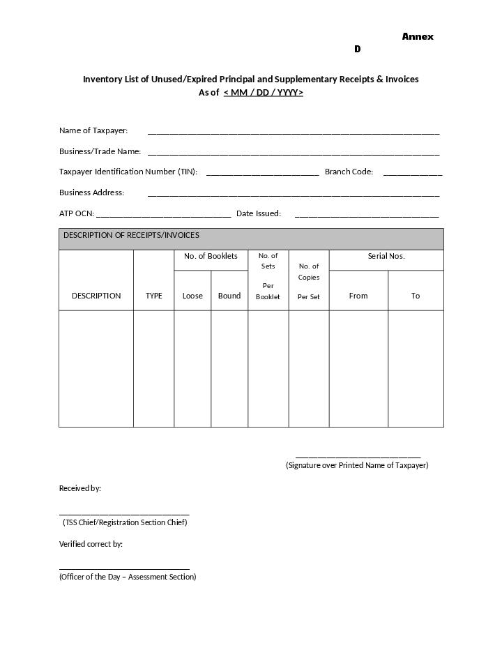 Inventory list of unused receipts and invoices bir form Flow Template for Colorado
