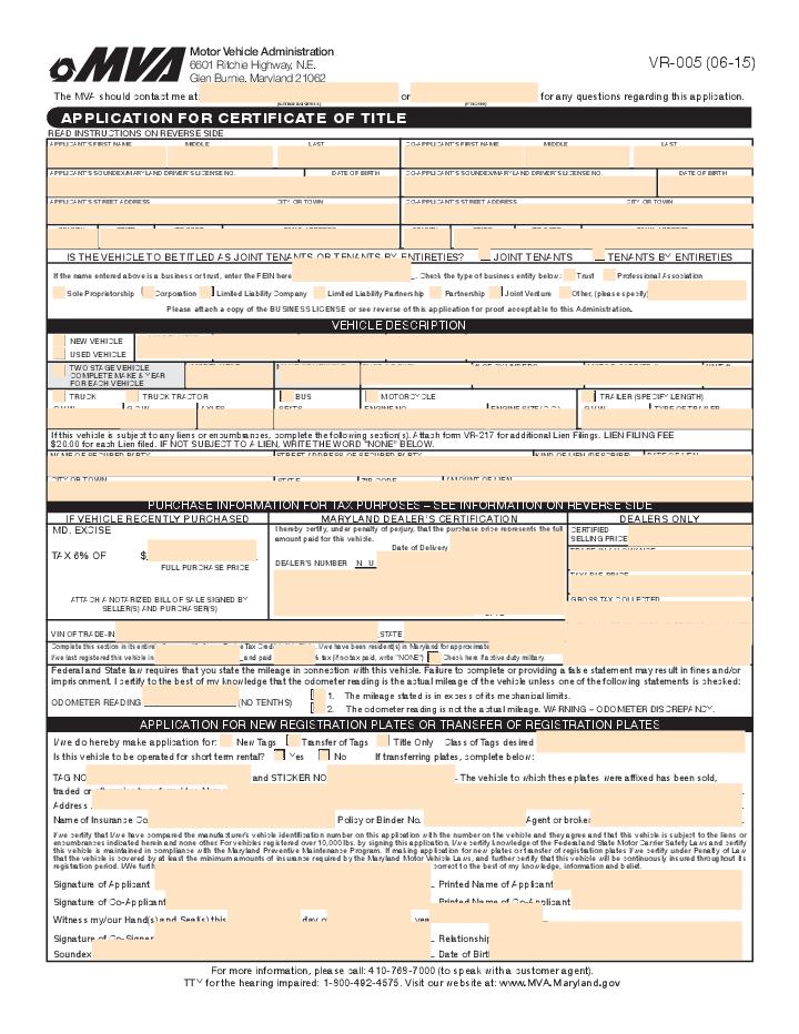 Application for Certificate of Title  