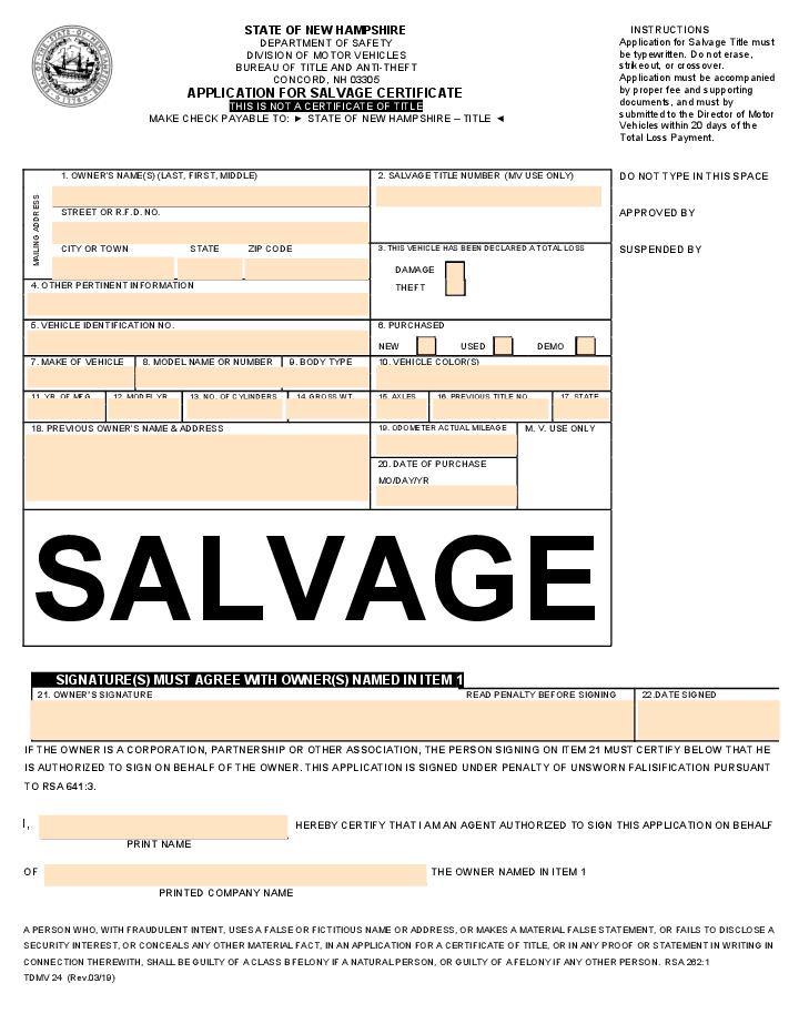 Application for Salvage Certificate 