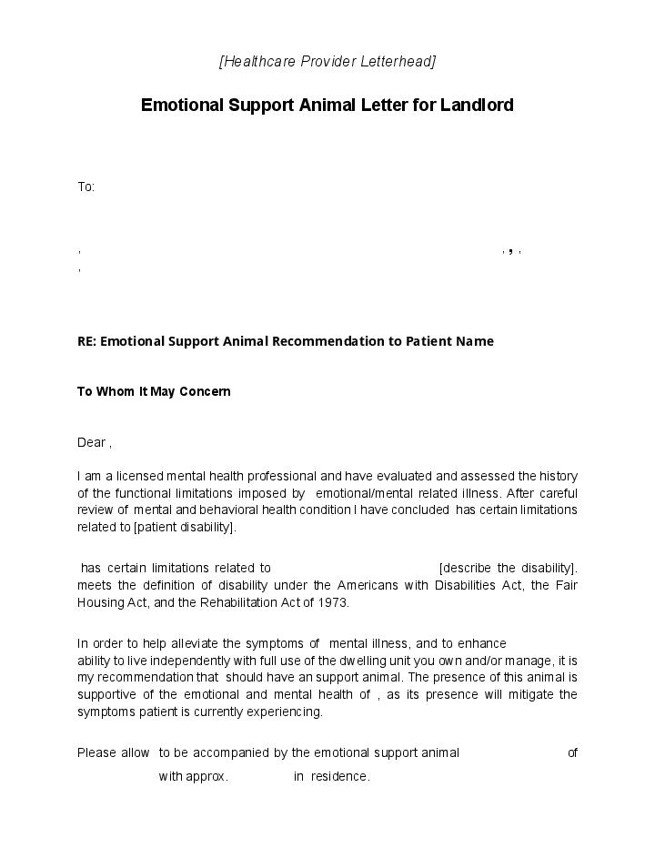 Emotional Support Animal Letter for Landlord