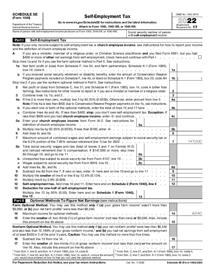 IRS 1040 - Schedule SE (2022)