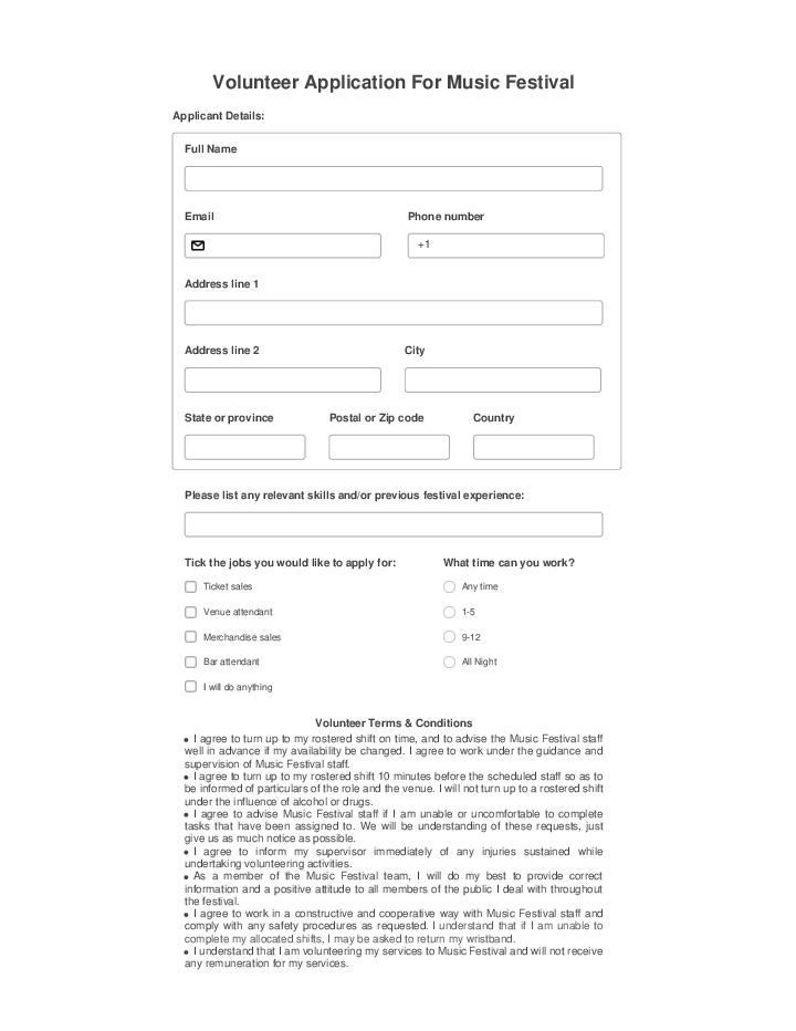 Volunteer Application Form For Music Festival
