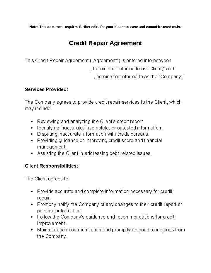 Automate credit repair agreement Template using Recognize Bot