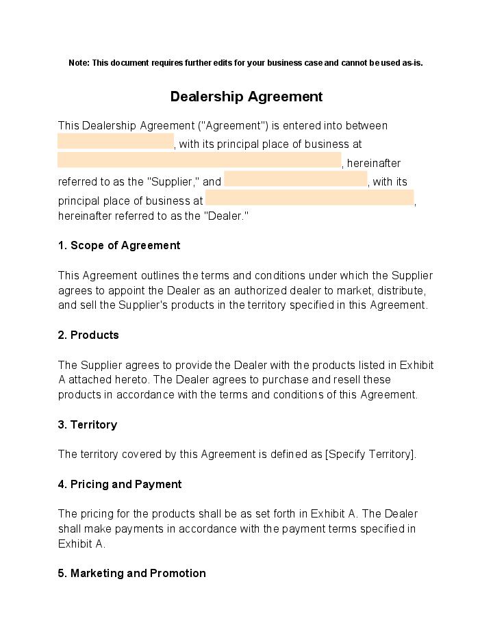 Automate dealership agreement Template using Pixifi Bot