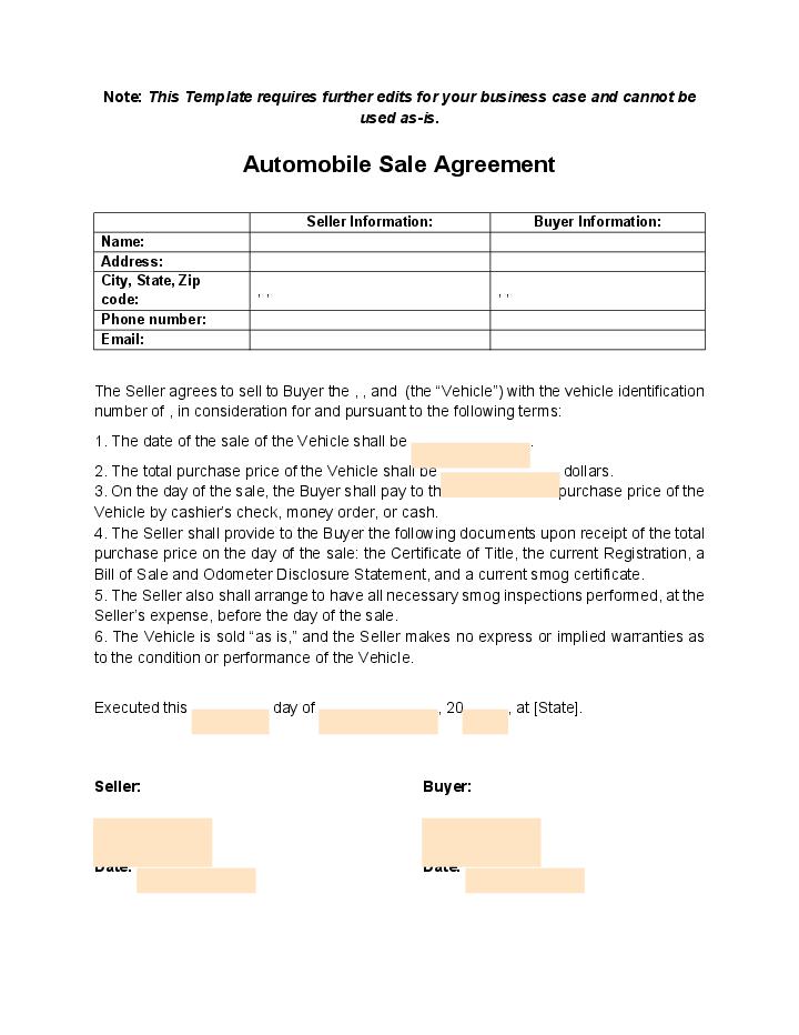Automate automobile sale agreement Template using Pixifi Bot