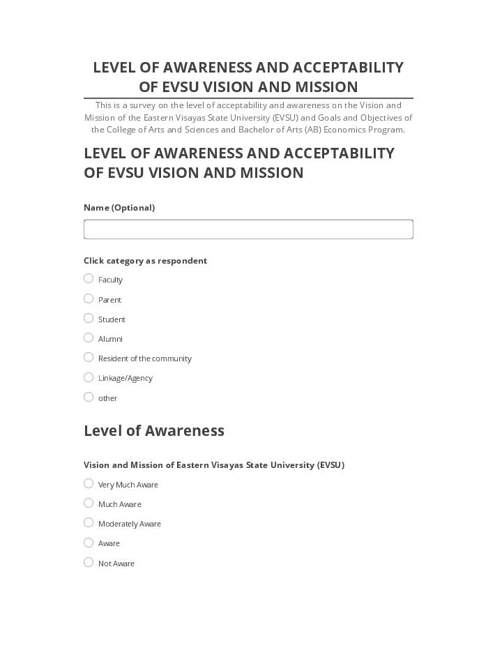 Manage LEVEL OF AWARENESS AND ACCEPTABILITY OF EVSU VISION AND MISSION in Salesforce
