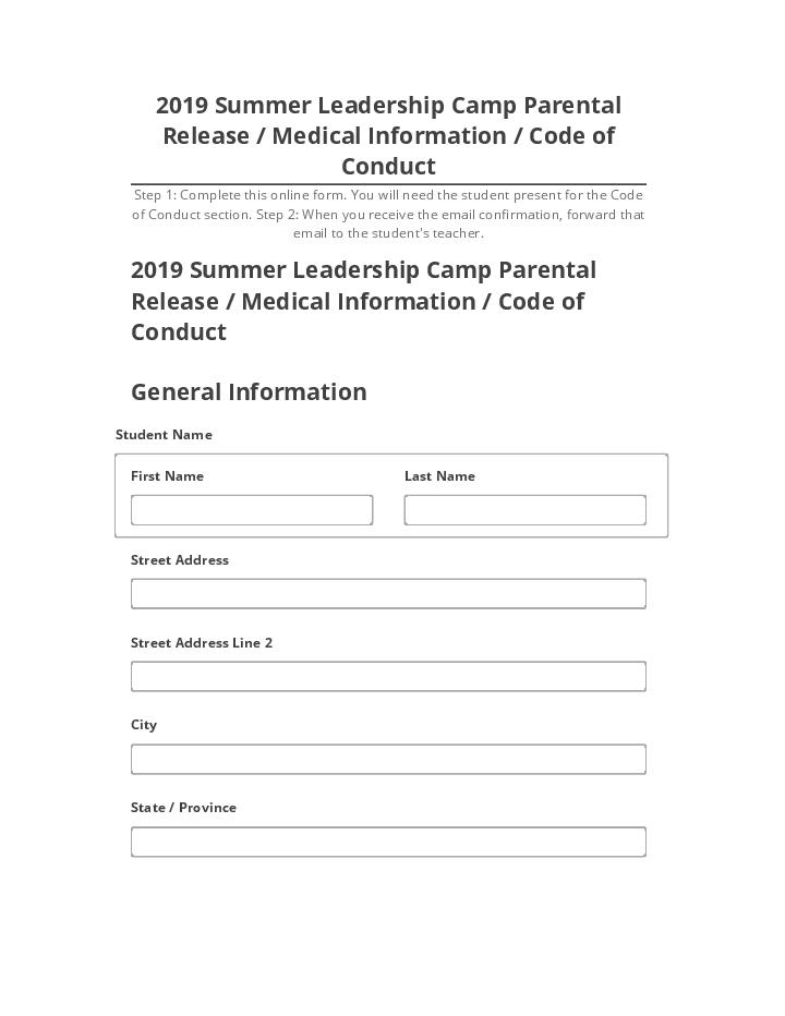 Extract 2019 Summer Leadership Camp Parental Release / Medical Information / Code of Conduct from Netsuite