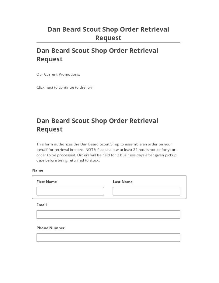 Pre-fill Dan Beard Scout Shop Order Retrieval Request from Microsoft Dynamics