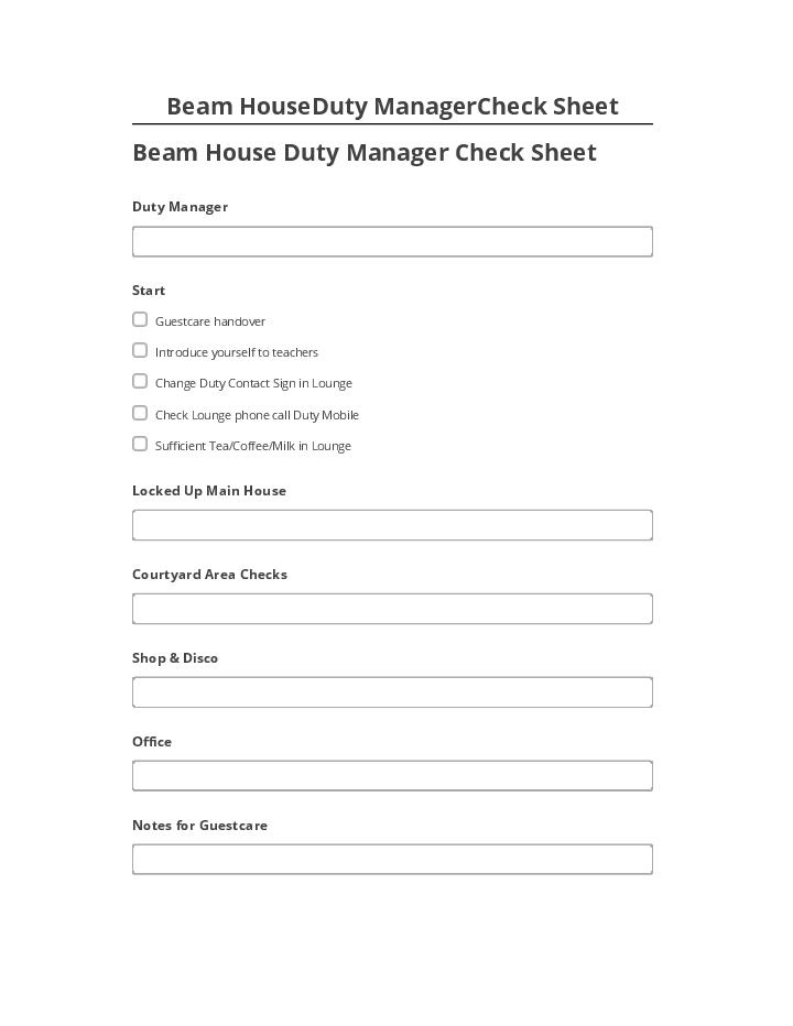 Incorporate Beam HouseDuty ManagerCheck Sheet