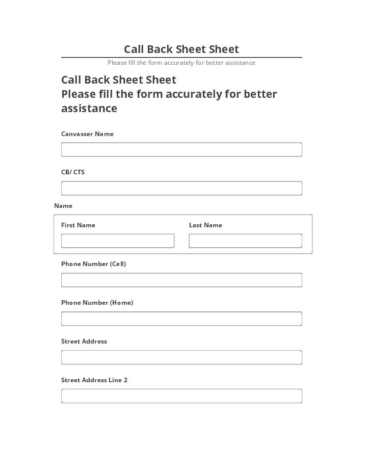 Manage Call Back Sheet Sheet