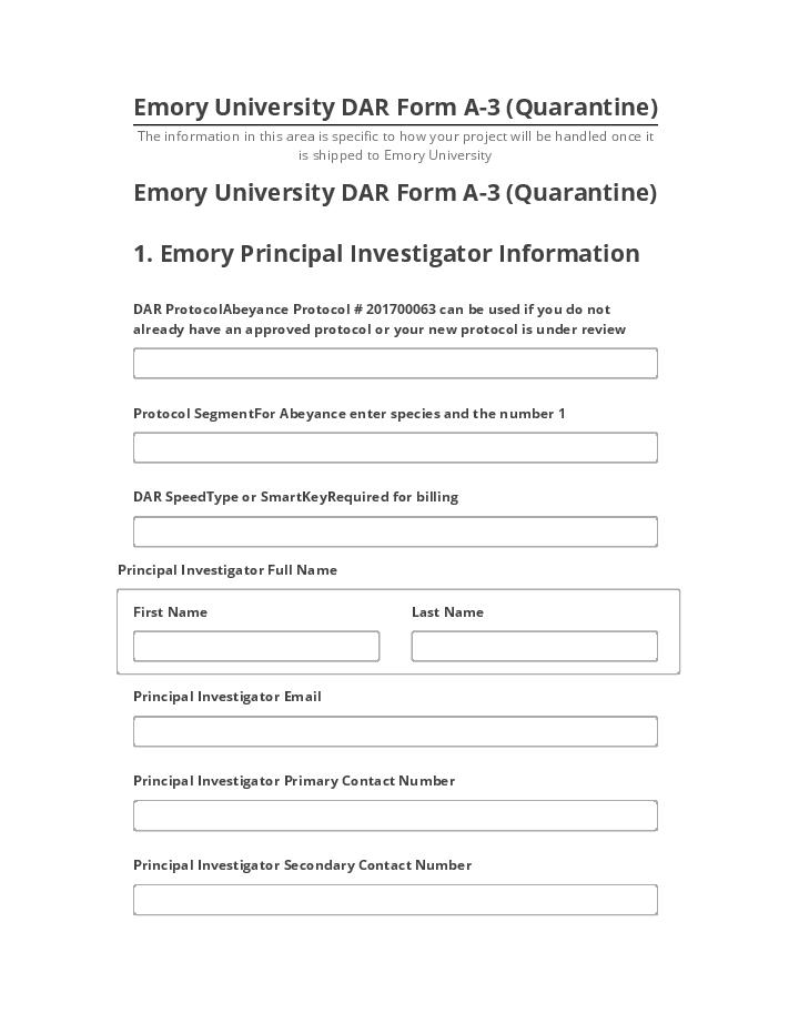 Arrange Emory University DAR Form A-3 (Quarantine)