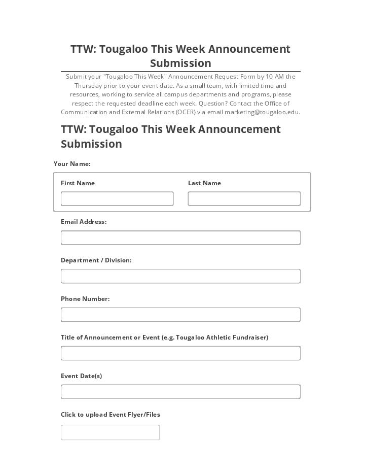 Integrate TTW: Tougaloo This Week Announcement Submission with Netsuite
