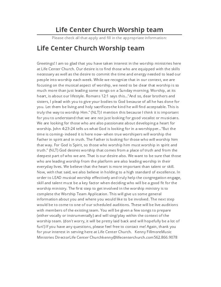 Pre-fill Life Center Church Worship team from Microsoft Dynamics