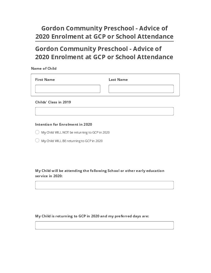 Extract Gordon Community Preschool - Advice of 2020 enrollment at GCP or School Attendance from Salesforce