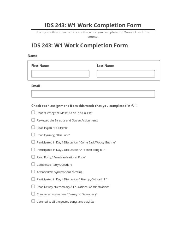Arrange IDS 243: W1 Work Completion Form