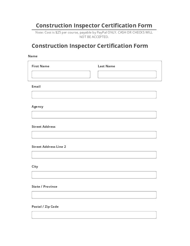 Arrange Construction Inspector Certification Form in Netsuite