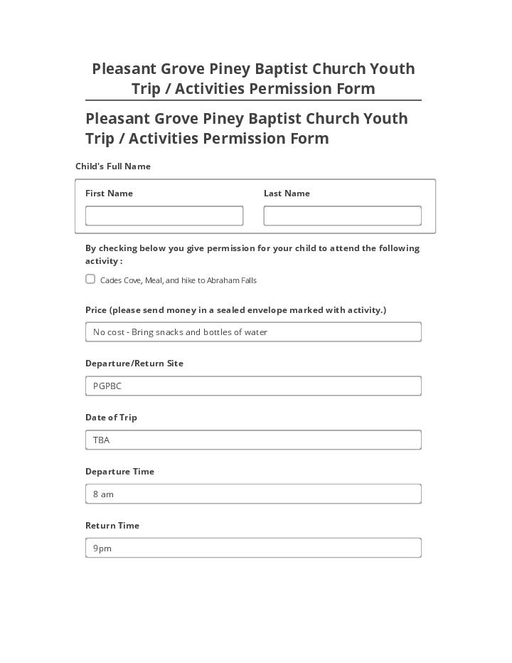 Pre-fill Pleasant Grove Piney Baptist Church Youth Trip / Activities Permission Form from Microsoft Dynamics