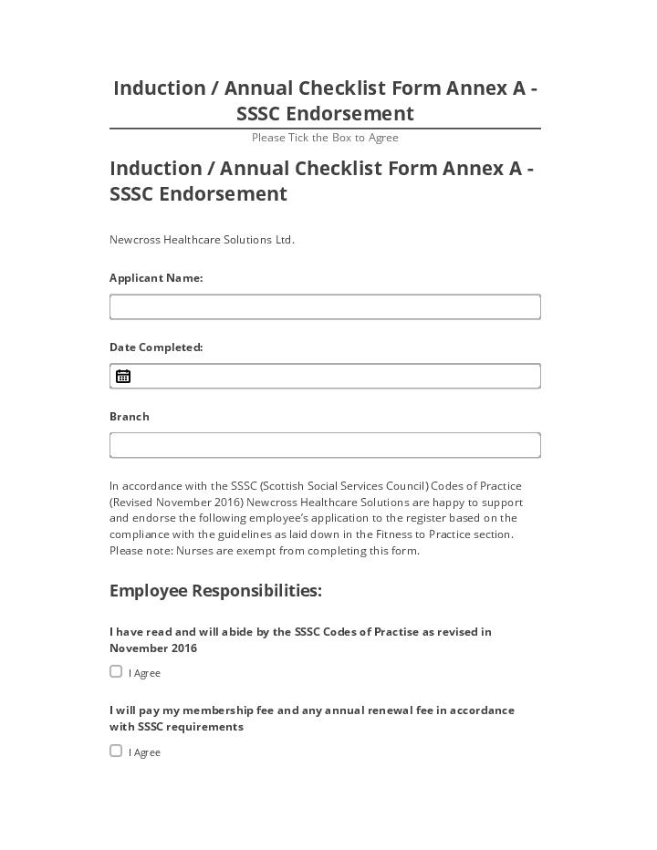 Arrange Induction / Annual Checklist Form Annex A - SSSC Endorsement