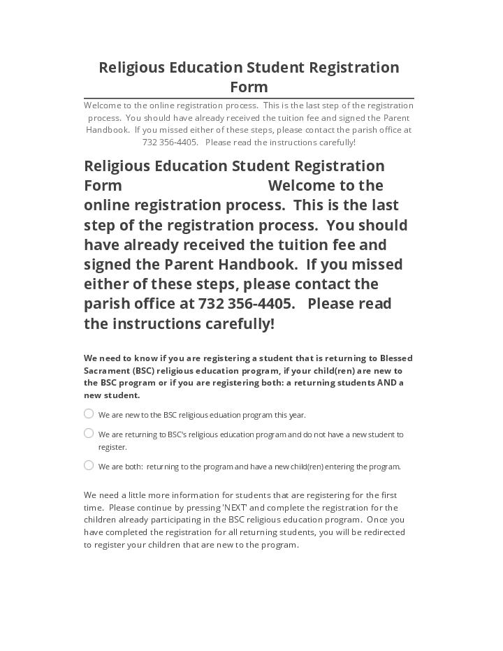 Arrange Religious Education Student Registration Form