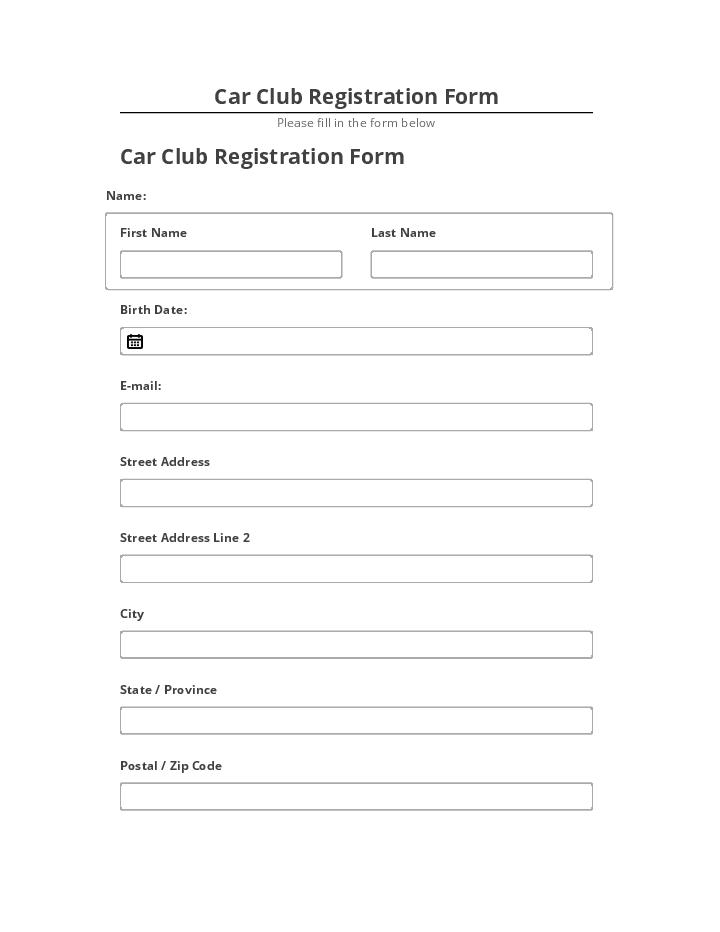 Export Car Club Registration Form to Netsuite