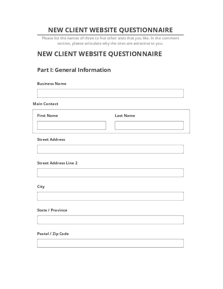 Arrange NEW CLIENT WEBSITE QUESTIONNAIRE