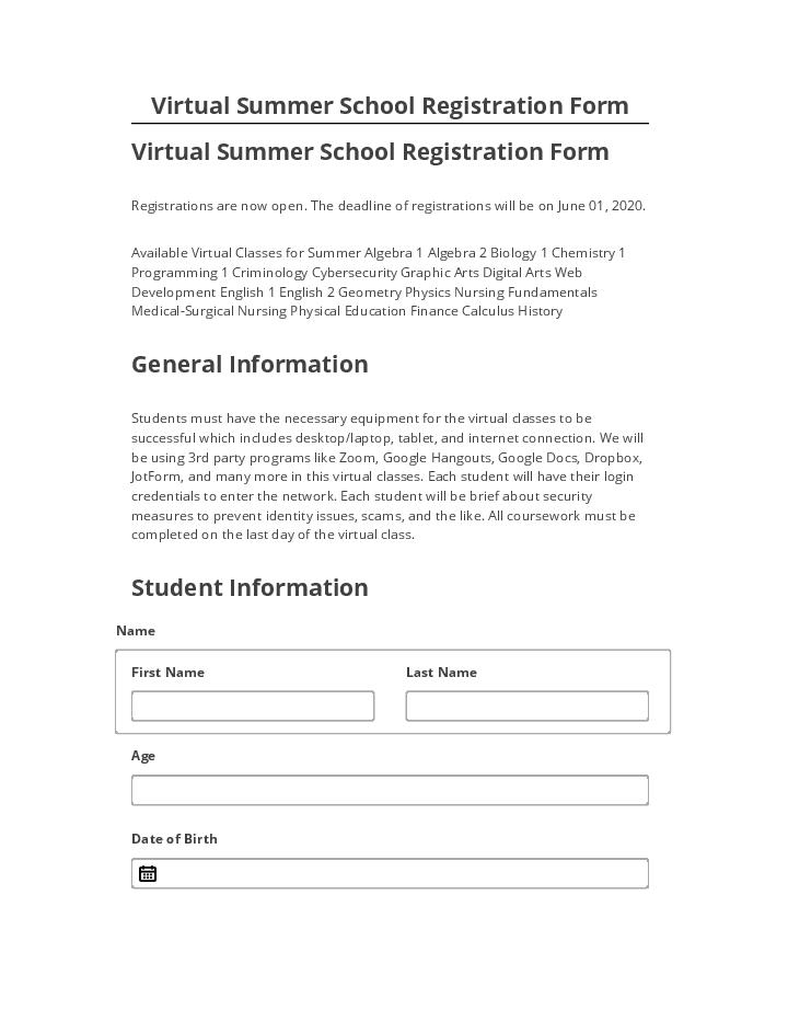 Export Virtual Summer School Registration Form to Netsuite