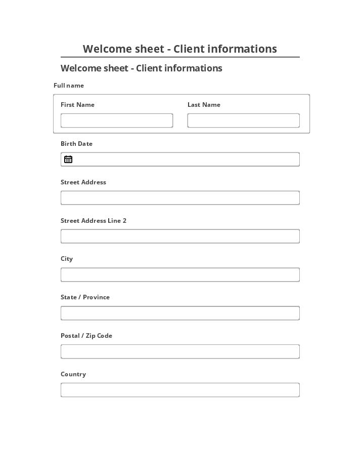 Arrange Welcome sheet - Client informations