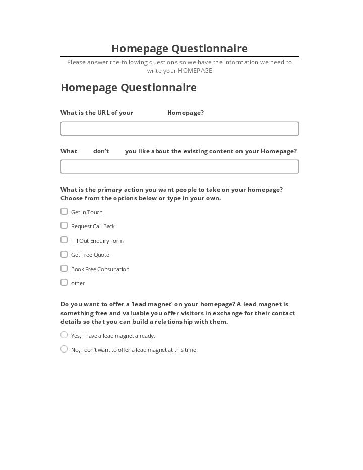 Export Homepage Questionnaire to Salesforce