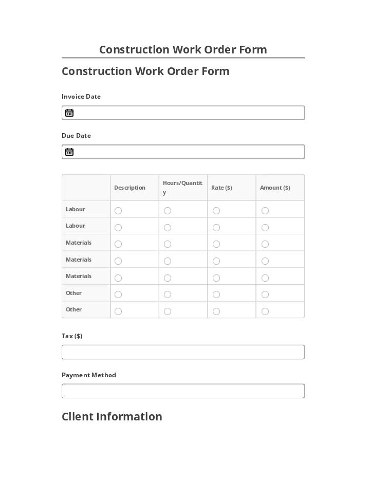 Pre-fill Construction Work Order Form