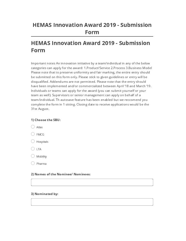 Integrate HEMAS Innovation Award 2019 - Submission Form with Salesforce