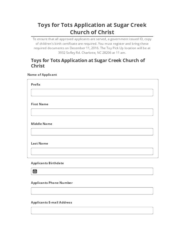 Pre-fill Toys for Tots Application at Sugar Creek Church of Christ from Salesforce