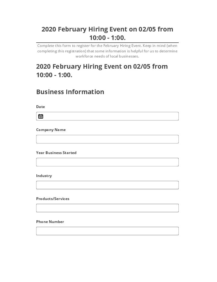 Arrange 2020 February Hiring Event on 02/05 from 10:00 - 1:00.