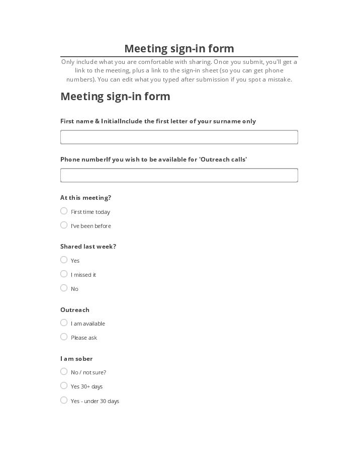 Manage Meeting sign-in form