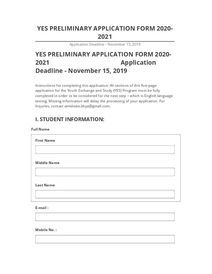 Pre-fill YES PRELIMINARY APPLICATION FORM 2020-2021