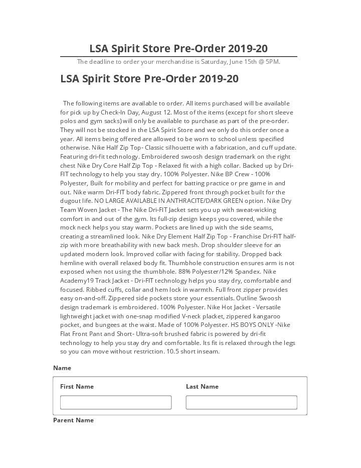 Incorporate LSA Spirit Store Pre-Order 2019-20 in Netsuite