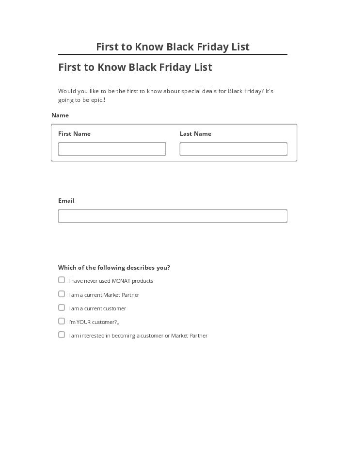 Pre-fill First to Know Black Friday List from Netsuite
