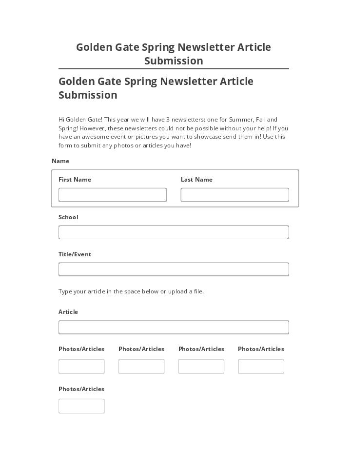 Arrange Golden Gate Spring Newsletter Article Submission in Microsoft Dynamics