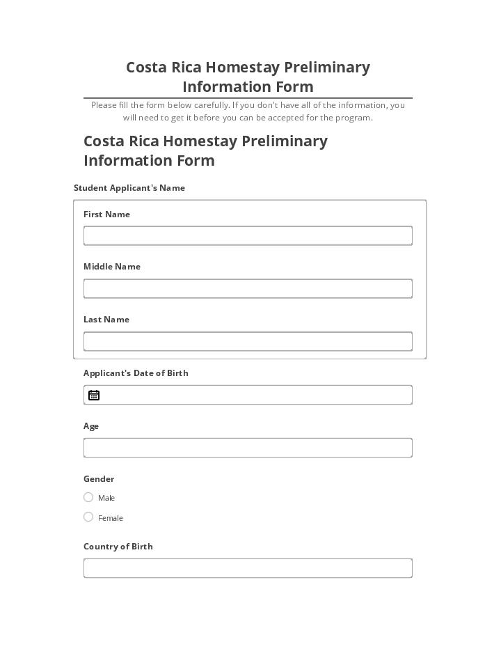 Synchronize Costa Rica Homestay Preliminary Information Form